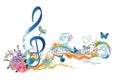 Abstract musical design with a treble clef and colorful splashes, notes and waves. Royalty Free Stock Photo